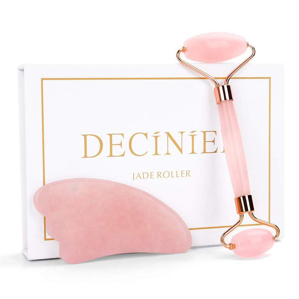 Dewspell Rose Quartz Gua Sha & Facial Roller Set — in use