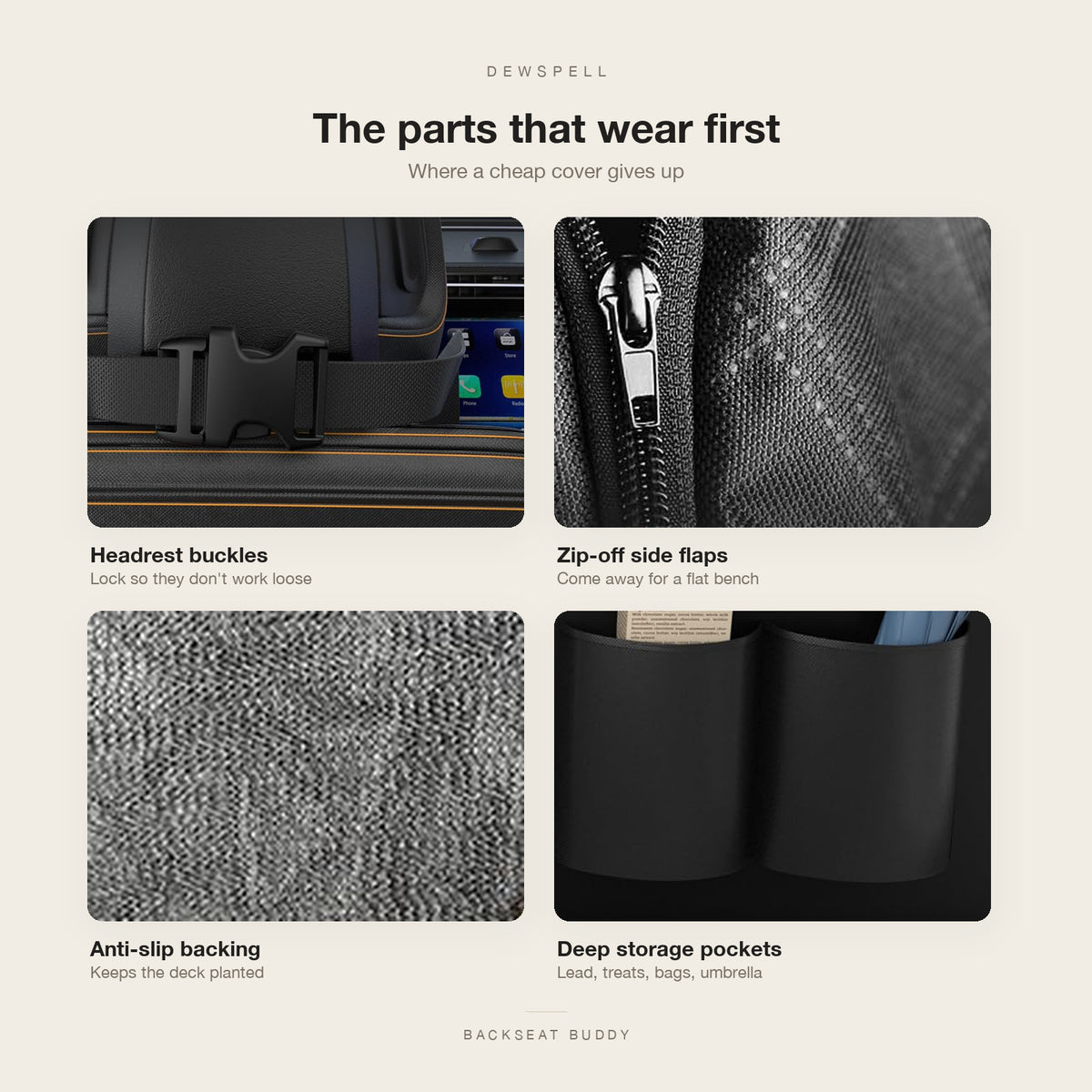 Close detail of the headrest buckles, zip-off side flaps, anti-slip backing and storage pockets
