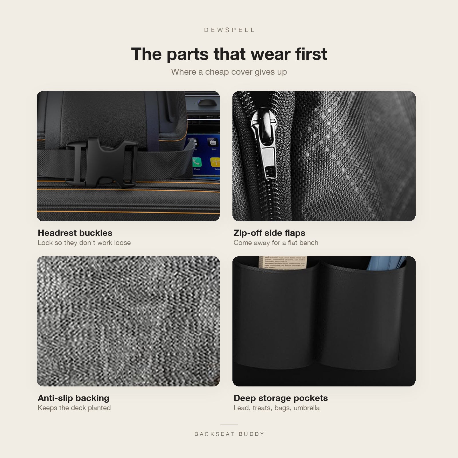 Close detail of the headrest buckles, zip-off side flaps, anti-slip backing and storage pockets