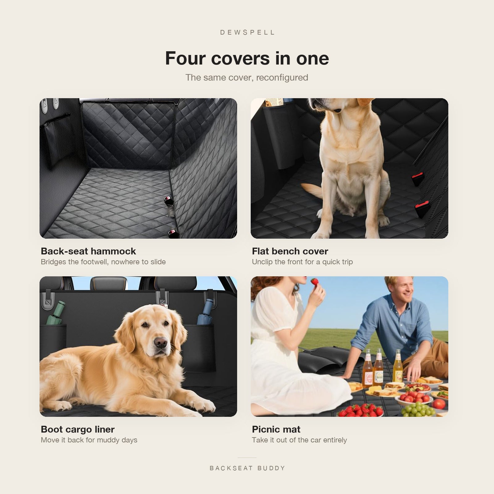 The four configurations: back-seat hammock, flat bench cover, boot cargo liner and picnic mat