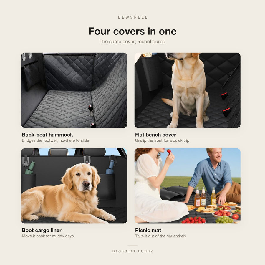 The four configurations: back-seat hammock, flat bench cover, boot cargo liner and picnic mat