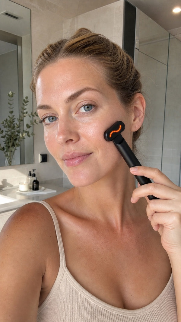 Woman using the Dewspell Glow Wand in her skincare routine